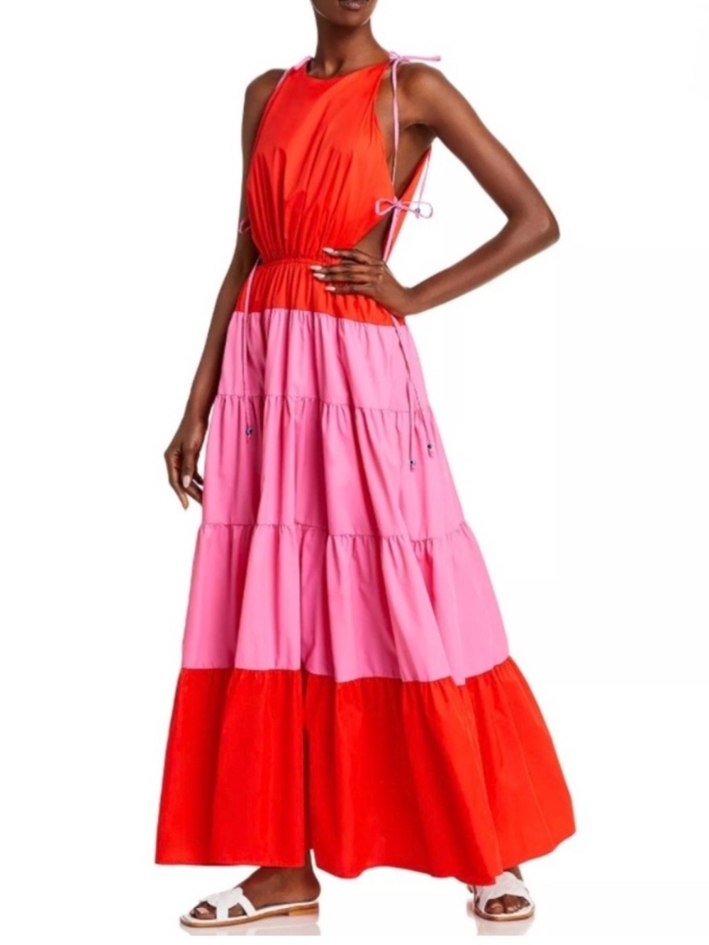 STAUD Minerva Colorblocked Side Tie Maxi Dress Red Pink Summer Beads Tiered